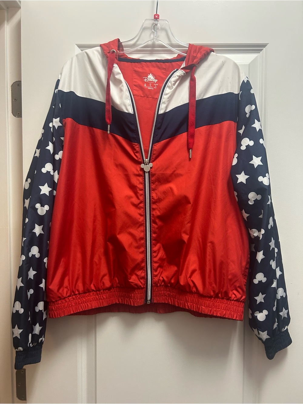 Disney Red Navy White Mickey Pattern Hooded Windbreaker